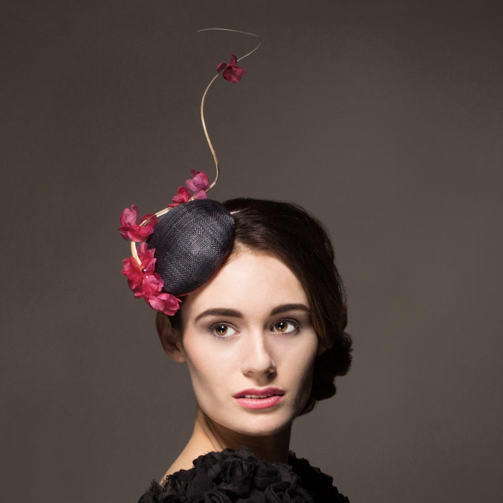 Button hat fascinator with pink blossom 