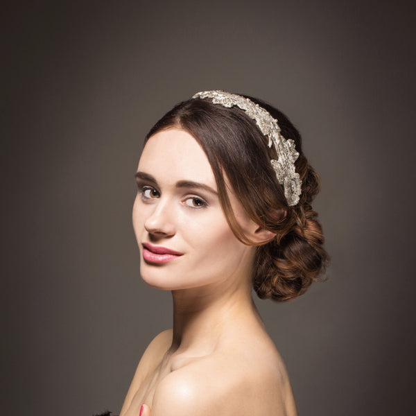 Ivory beaded vintage lace bridal headband with pearls