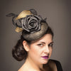 Grey and gold hat with large silk rose
