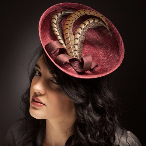 Deep red burgundy hat with pheasant feathers
