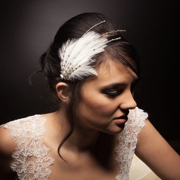 Ivory beaded feather headpiece for bridal